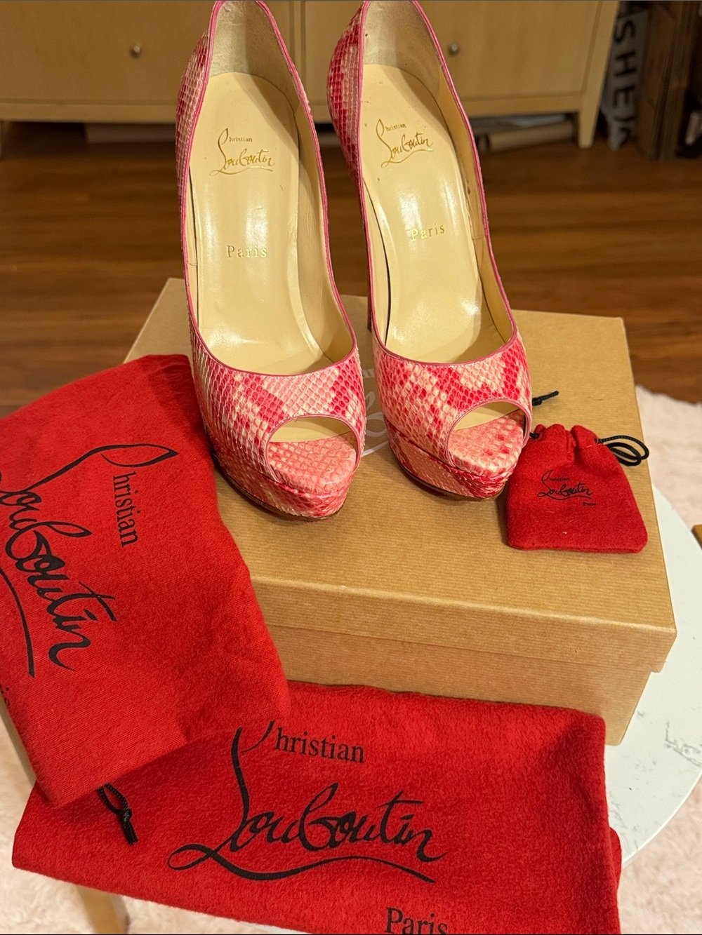 Christian Louboutin Pink Python Peep-Toe Heels